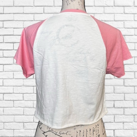 Aerie Women XS Pink White Raglan Baseball Tee Short Sleeve Cropped Raw Hem Shirt - Picture 3 of 5